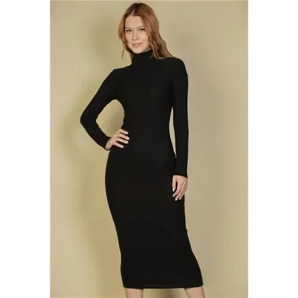 Women's Black Ribbed Mock Neck Long Sleeve Bodycon Midi Dress Size Small